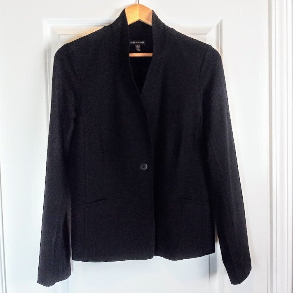 Eileen Fisher Black Viscose One Button Blazer